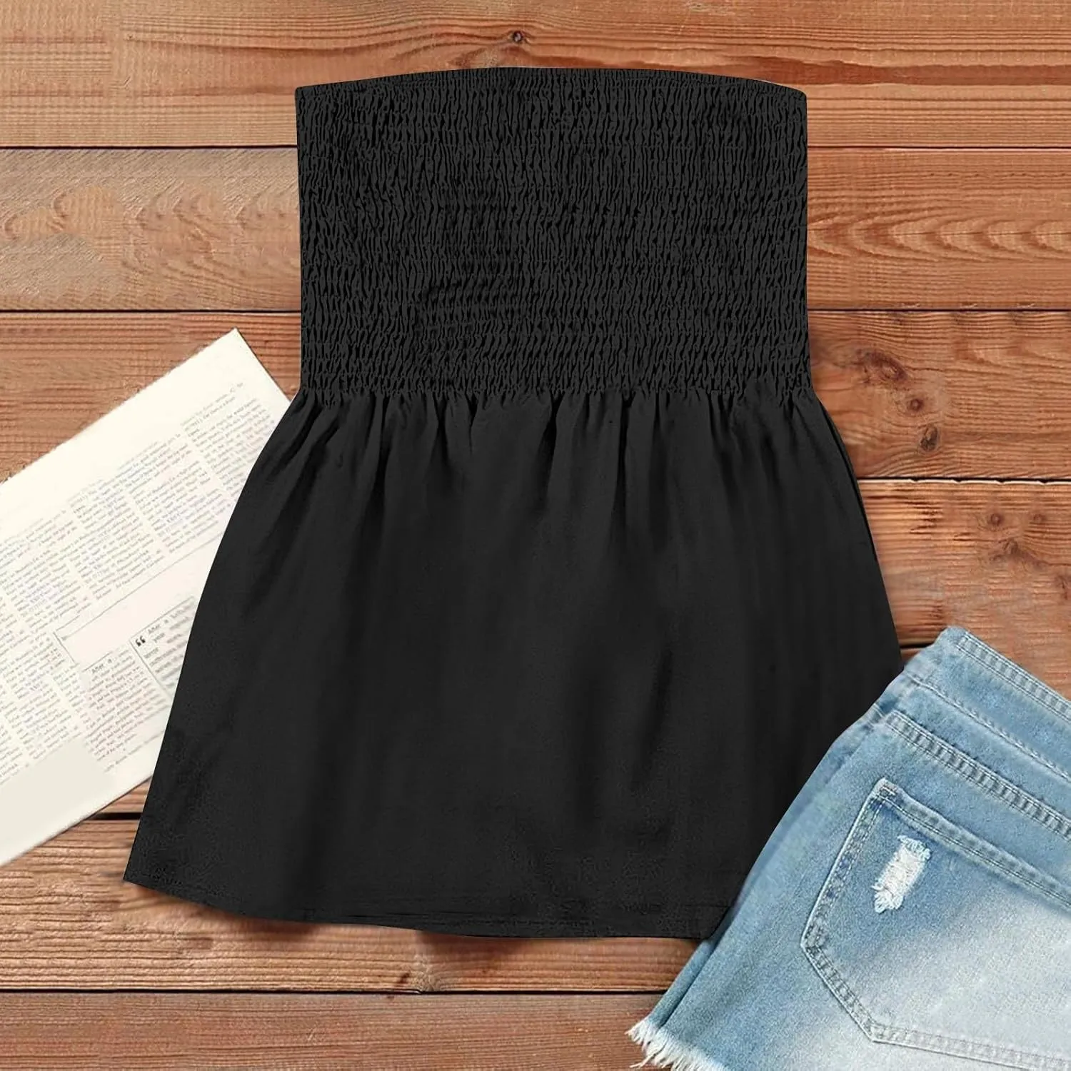 Womens Tube Tops Summer Strapless Bandeau Tank Casual Loose Tunic Sleeveless Shirts Off the Shoulder Flowy Blouses