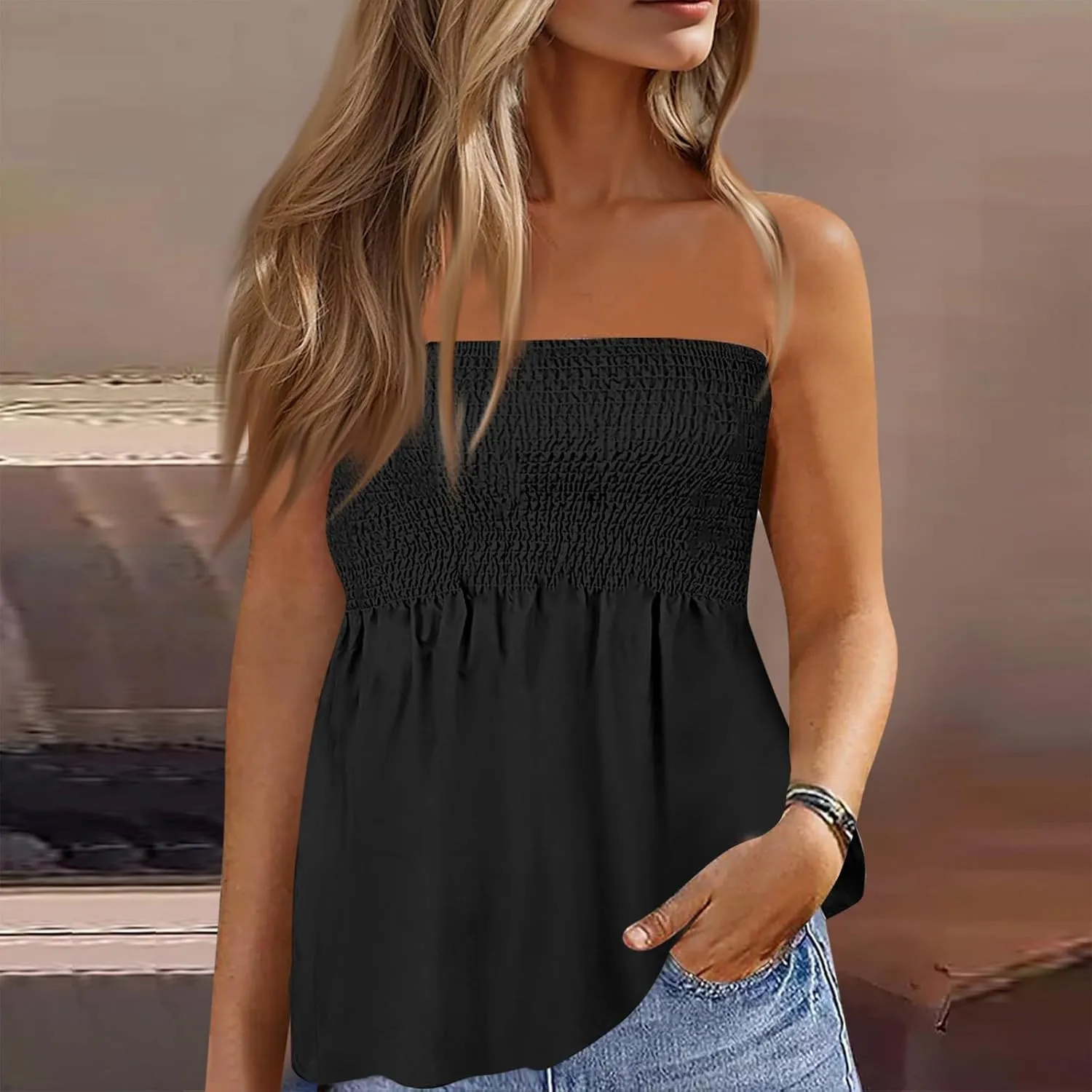 Womens Tube Tops Summer Strapless Bandeau Tank Casual Loose Tunic Sleeveless Shirts Off the Shoulder Flowy Blouses