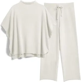 Women's Two Piece Outfits 3/4 Batwing Sleeve Capelet Crew Neck Pullover Top Wide Leg Pants Lounge Set