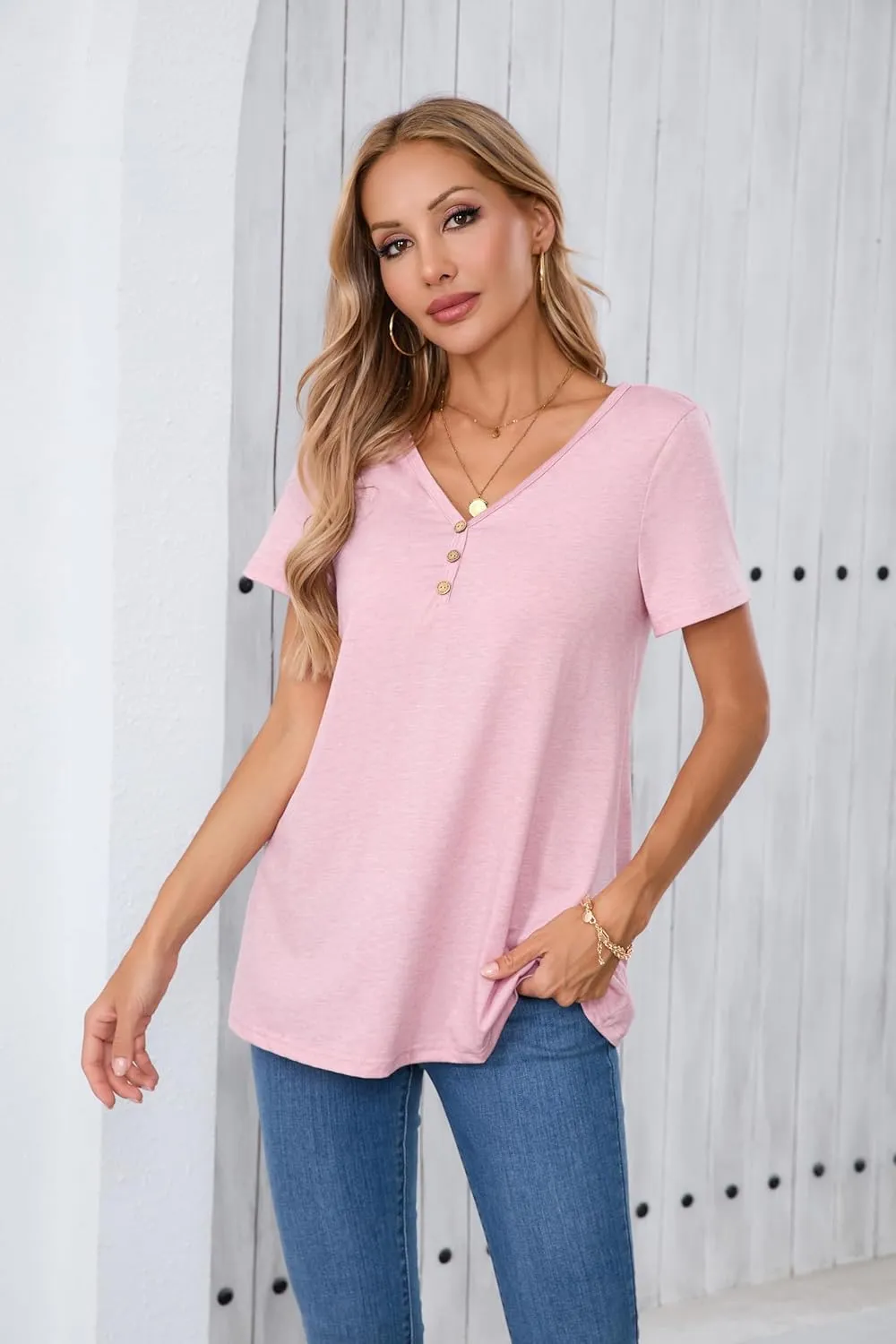 Women's V-Neck Short Sleeve Top T-Shirt Stretchy Relaxed Fit Blouse Lightweight Casual Loose Top Summer Travel