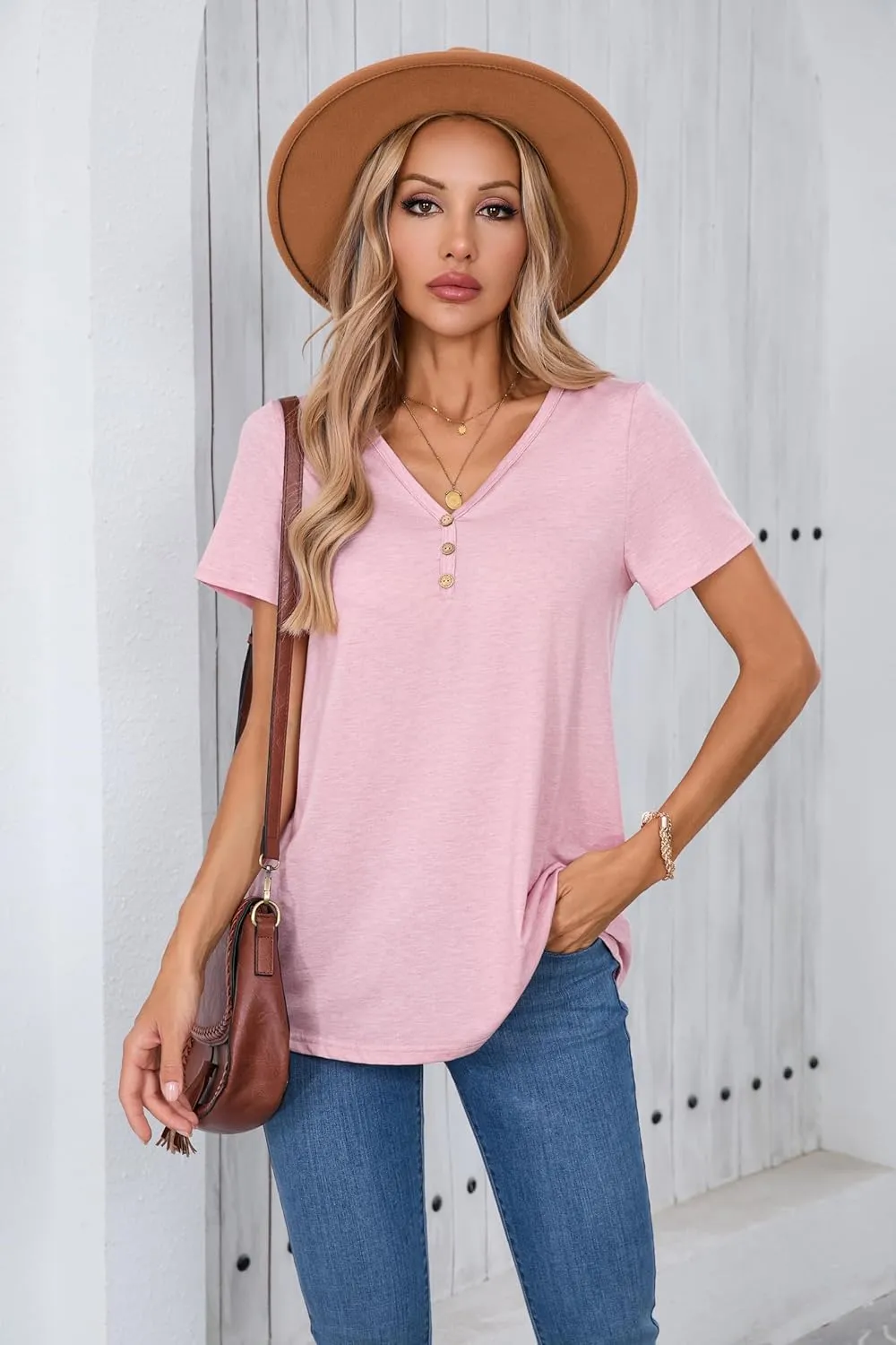 Women's V-Neck Short Sleeve Top T-Shirt Stretchy Relaxed Fit Blouse Lightweight Casual Loose Top Summer Travel