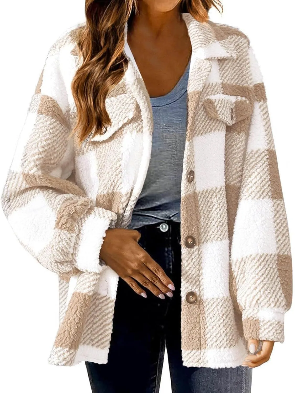 Womens Winter Coats Casual Fuzzy Fleece Shirt Open Front Fall Sherpa Jackets Warm Plaid Cardigans Trendy Outerwear
