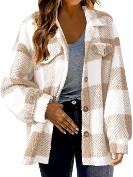 Womens Winter Coats Casual Fuzzy Fleece Shirt Open Front Fall Sherpa Jackets Warm Plaid Cardigans Trendy Outerwear