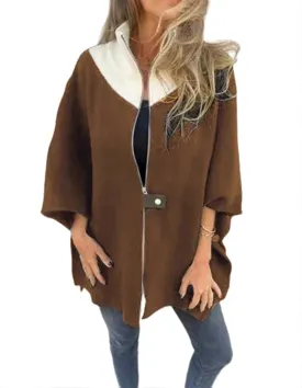Women's Zip Up Wool Coats Color Block Stand Collar Side Slit Trench Coat 3/4 Bat Sleeve Lightweight Coatigan
