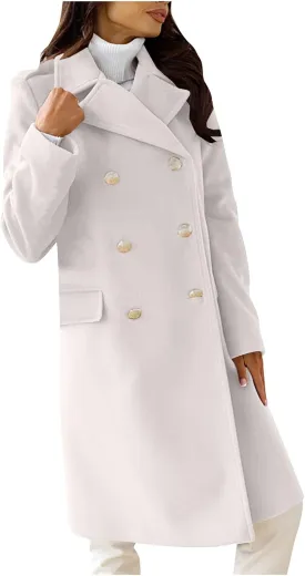 Wool Blend Trench Coat for Women, Fashion Casual Notch Lapel Double Breasted Mid Long Pea Coats Loose Overcoat Jacket