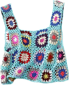 X-Small Size & Small Size Womens Crochet Tank Top Knit Colorful Floral Embroidery Summer Boho Camisole Hollow Out Top