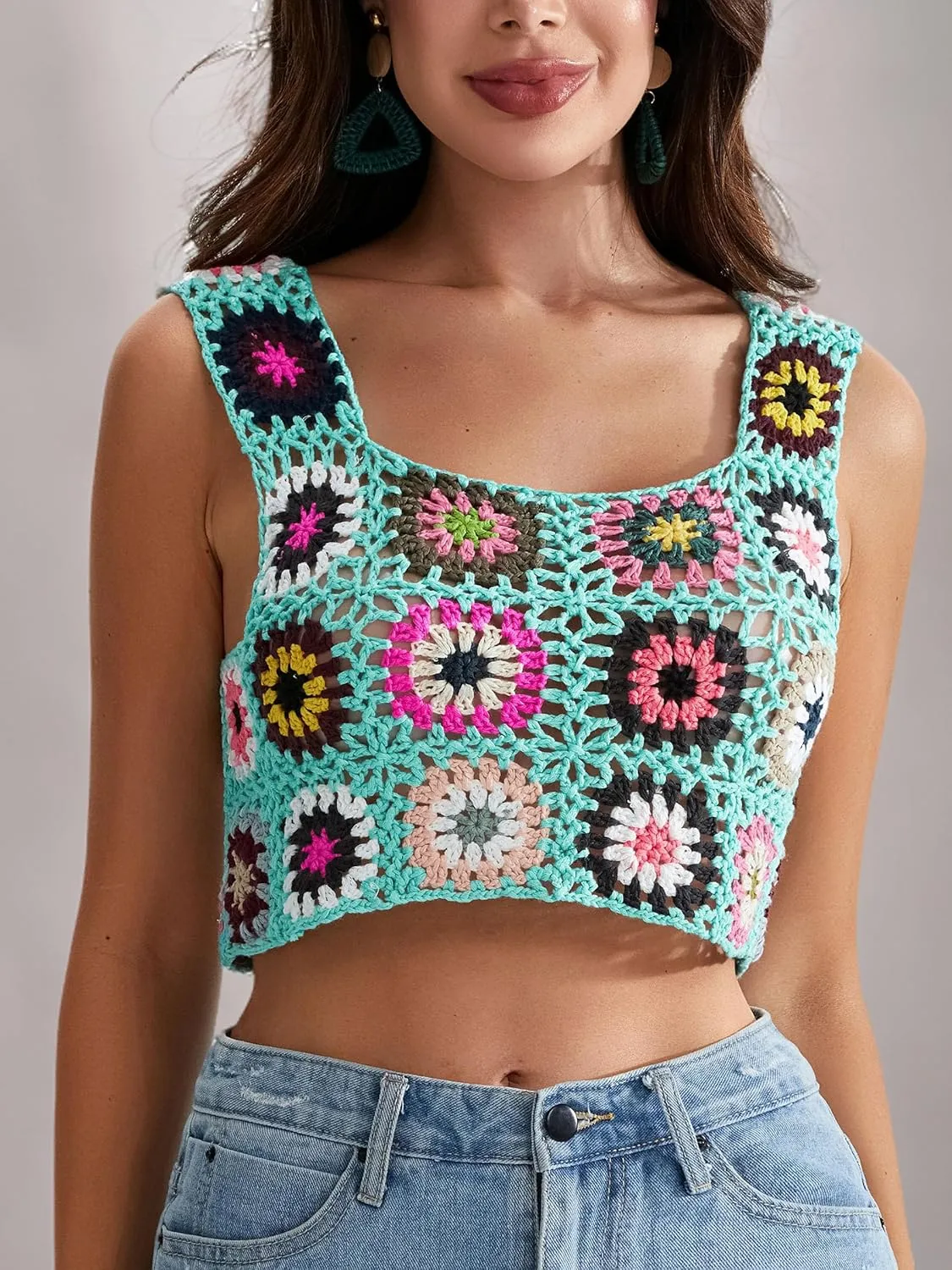 X-Small Size & Small Size Womens Crochet Tank Top Knit Colorful Floral Embroidery Summer Boho Camisole Hollow Out Top