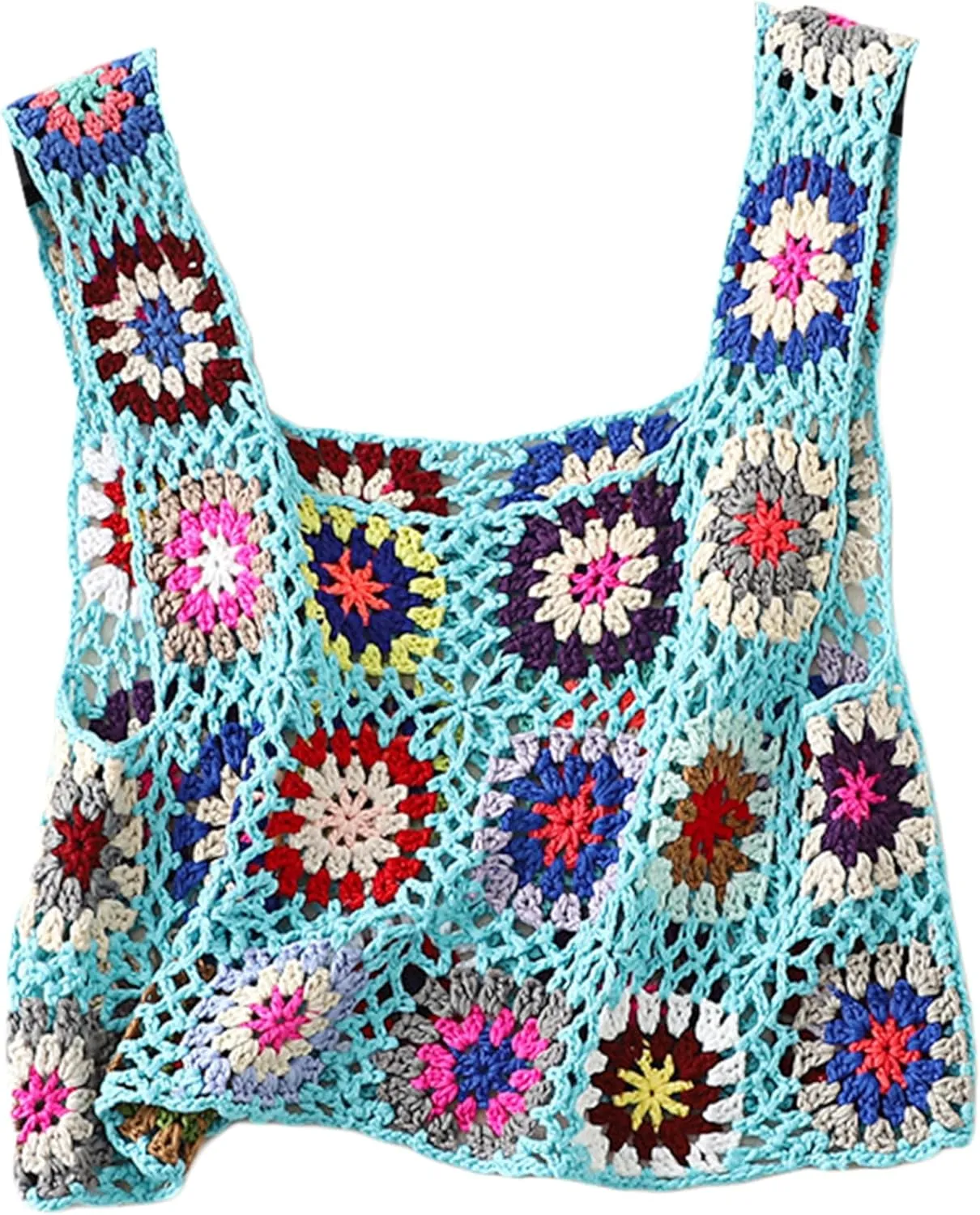 X-Small Size & Small Size Womens Crochet Tank Top Knit Colorful Floral Embroidery Summer Boho Camisole Hollow Out Top
