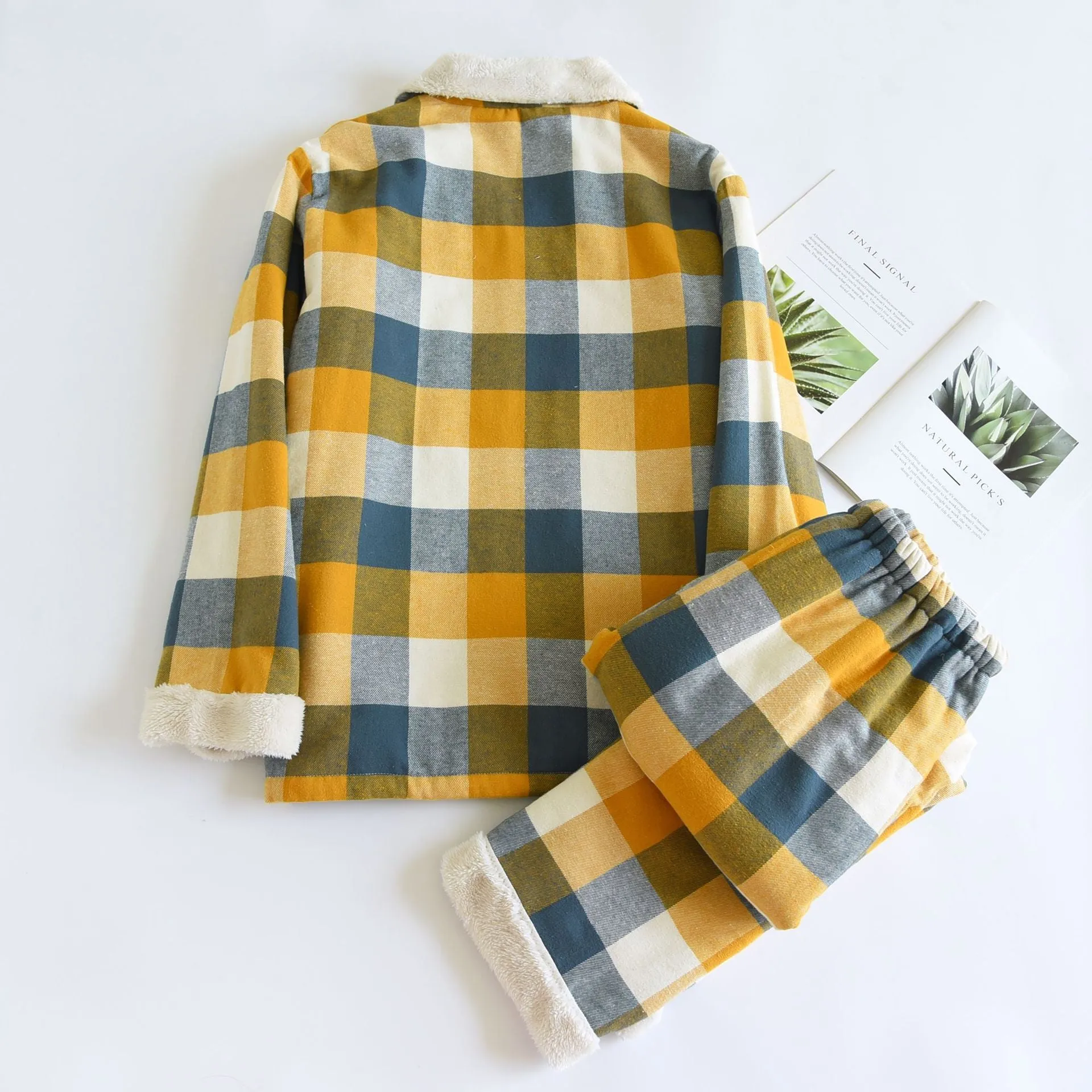 Yellow Cotton Flannel Plaid Pajama Set