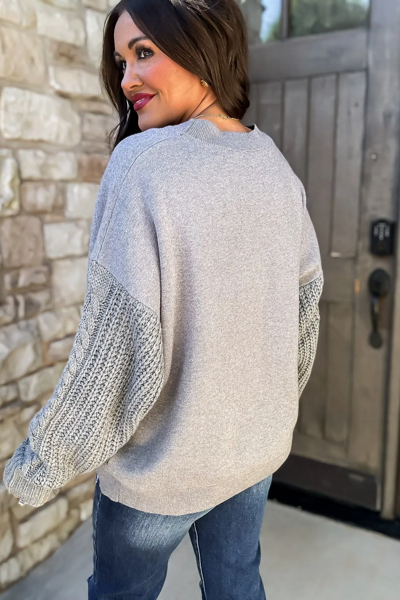 You Warm My Heart Grey Knitted Sleeve Sweater