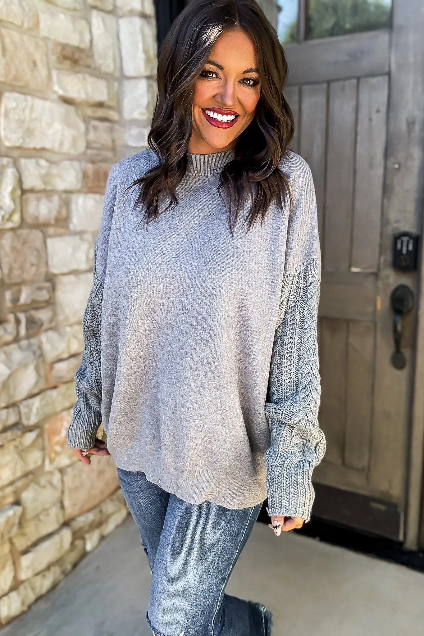 You Warm My Heart Grey Knitted Sleeve Sweater