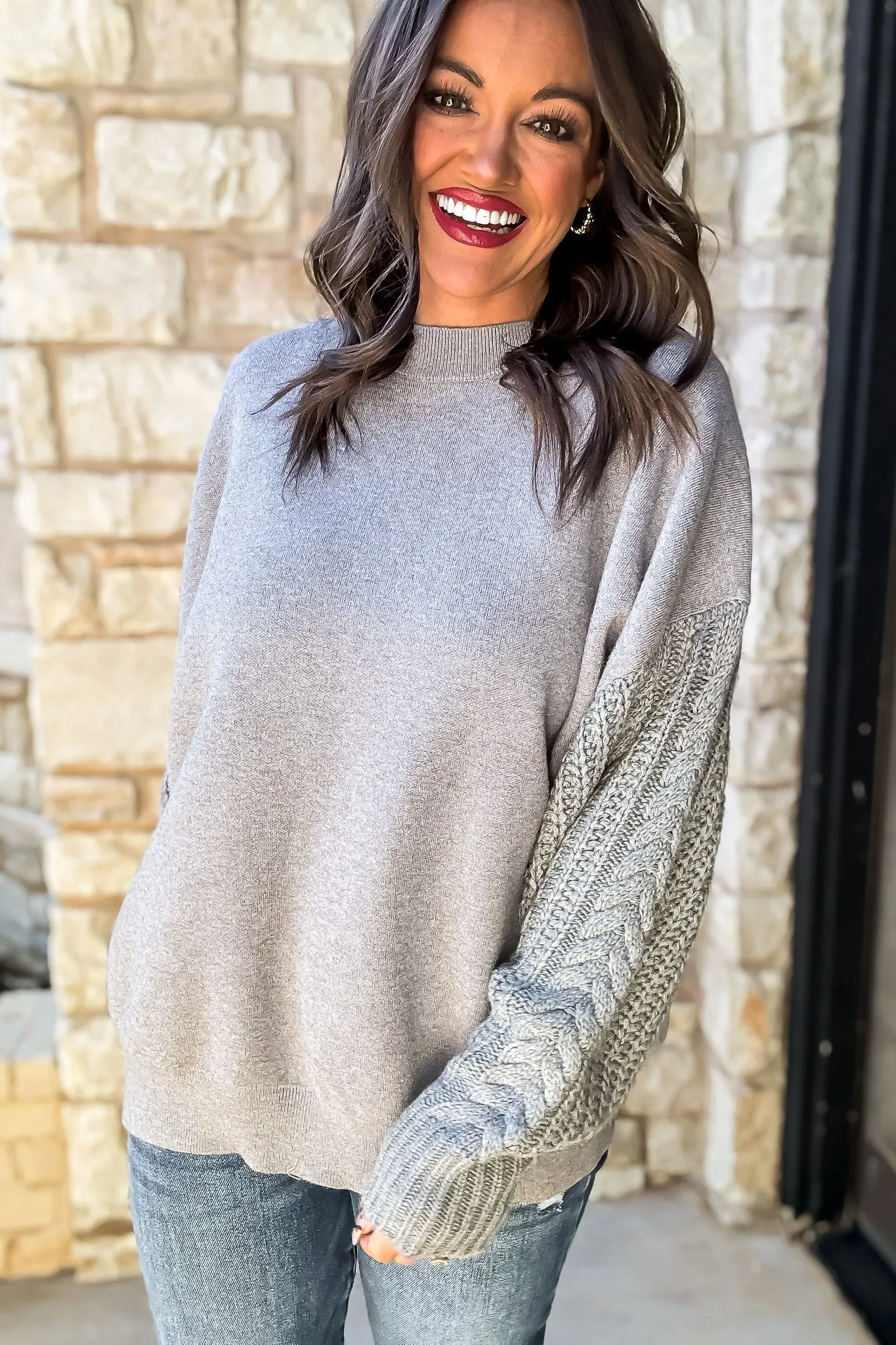 You Warm My Heart Grey Knitted Sleeve Sweater
