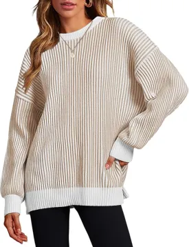 Zeagoo Women Sweater Long Sleeve Color Block Loose Pullover Rib Knit Blouse Tops
